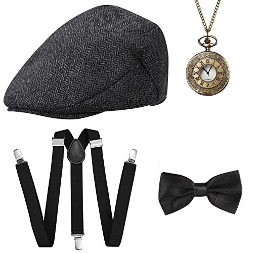 20er Jahre Herren Accessoires - 1920s Gatsby Mafia Gangster Kostüm Set Inklusive Hut Elastisch Hosenträger Halsschleife und Taschenuhr für Party von Jzszera