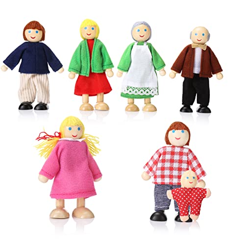 Holz Puppenhaus Familie Set von 7-köpfige Familie für Puppenhaus, Biegepuppen Figuren Zubehör Puppenfamilie für Kinder Geschenk von Jzszera