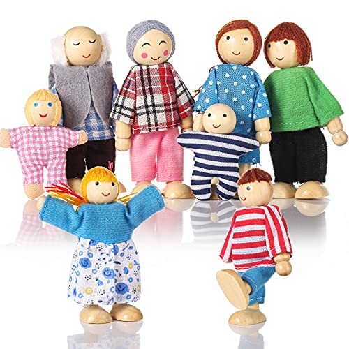 Jzszera Biegepuppen Puppenhaus Puppen 8 Personen Puppenfamilie für Puppenhaus, Familie Puppen für puppenhaus Holz Kinder Spielzeug Minipuppen Zubehör Biegepüppchen für Puppenstube von Jzszera