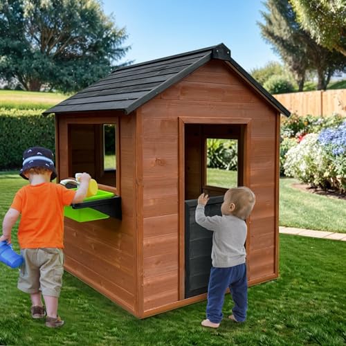 Spielhaus für Kinder im Freien, Spielhaus aus Holz im Landhausstil mit Waschbecken, Fenstern, Arbeitstür, Kochgeschirrtöpfen, Cottage-Spielhaus für den Außenbereich, Hinterhof, Terrasse (braun) von K LUCKIDS