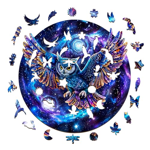 KAAYEE Holzpuzzle Erwachsene, 200 Galaxie-Eule Holz Puzzle Erwachsene, Unregelmäßige Einzigartige Puzzle, Einzigartige TierföRmige Holzpuzzles, mit Geschenkbox aus Holz von KAAYEE