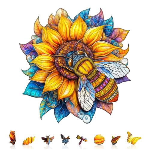KAAYEE Holzpuzzle Erwachsene, Biene in Blüte Holz Puzzle Erwachsene, Unregelmäßige Einzigartige Puzzle, Einzigartige TierföRmige Holzpuzzles, mit Geschenkbox aus Holz von KAAYEE
