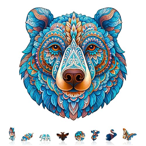 KAAYEE Holzpuzzle Erwachsene, Bunter Bär Holz Puzzle Erwachsene, Unregelmäßige Einzigartige Puzzle, Einzigartige TierföRmige Holzpuzzles, mit Geschenkbox aus Holz (L) von KAAYEE