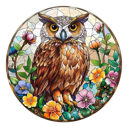 KAAYEE Holzpuzzle Erwachsene, Buntglas-Eule Holz Puzzle Erwachsene, Unregelmäßige Einzigartige Puzzle, Einzigartige TierföRmige Holzpuzzles, mit Geschenkbox aus Holz von KAAYEE