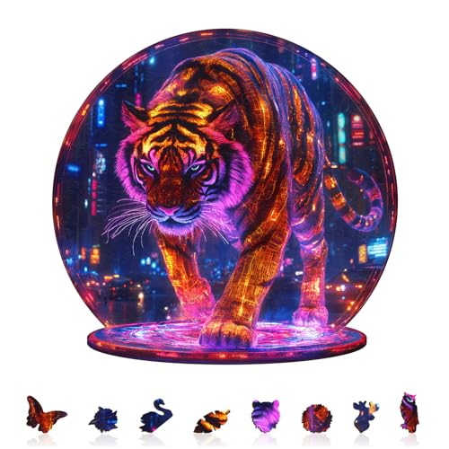 KAAYEE Holzpuzzle Erwachsene, Cyberpunk-Tiger Holz Puzzle Erwachsene, Unregelmäßige Einzigartige Puzzle, Einzigartige TierföRmige Holzpuzzles,mit Geschenkbox aus Holz (S) von KAAYEE