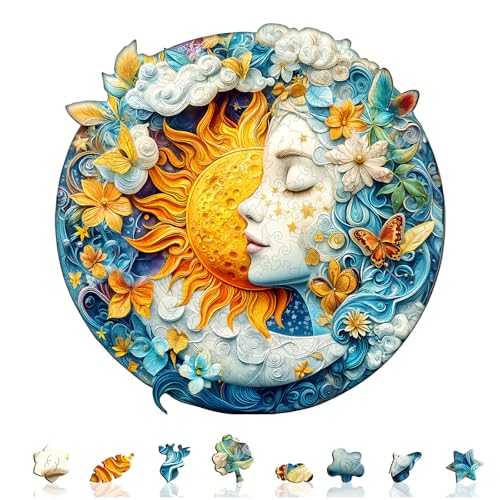 KAAYEE Holzpuzzle Erwachsene, Mond, Sonne und Mädchen Holz Puzzle Erwachsene, Unregelmäßige Einzigartige Puzzle, Einzigartige TierföRmige Holzpuzzles, mit Geschenkbox aus Holz von KAAYEE