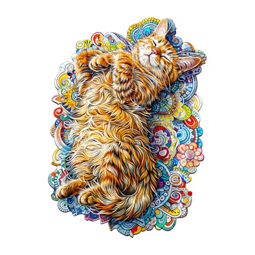 KAAYEE Holzpuzzle Erwachsene, Schlafende Katze-1 Unregelmäßige Holz Puzzle Erwachsene, Einzigartige TierföRmige Holzpuzzles, Einzigartige Puzzle, mit Geschenkbox aus Holz von KAAYEE