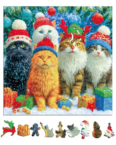 KAAYEE Holzpuzzle Erwachsene Weihnachts-Kätzchen, 244 Teile Unregelmäßige Puzzle Holz Erwachsene, Einzigartige TierföRmige Holzpuzzles, Einzigartige Puzzle, mit Geschenkbox aus Holz von KAAYEE
