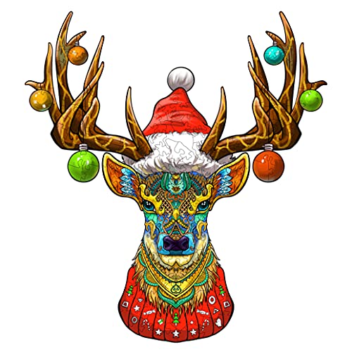 Weihnachten Holzpuzzle Erwachsene, KAAYEE Christmas Puzzle Erwachsene, Holz Puzzle Erwachsen Einzigartige Form Puzzleteile, Holzpuzzle Tiere Mit Geschenkbox Aus Holz (Elch, M) von KAAYEE