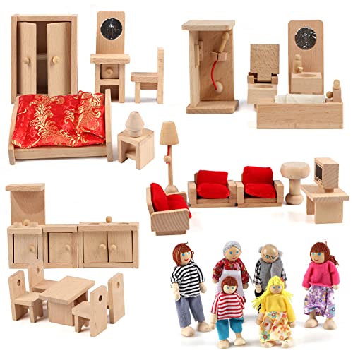 KABENFIS 5 Set Puppenhaus Möbel Zubehör mit Einer Familie von 6 Puppen Dekoration Rollenspiel Spielzeug für Mädchen Jungen von KABENFIS