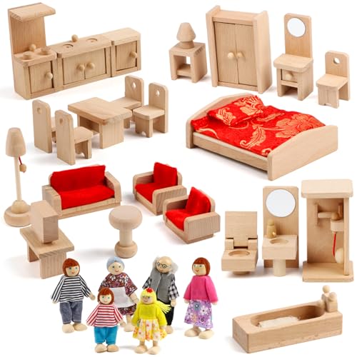 KABENFIS 39PCS 5 Set Puppenhaus Möbel Zubehör mit Einer Familie von 6 Puppen Dekoration Rollenspiel Spielzeug für Mädchen Jungen von KABENFIS