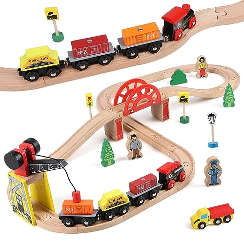KABENFIS Hölzerne 39 Pcs Zug Tracks Spielzeug mit Kranbrücke und hölzerne Zug Tracks Zug Spielzeug für Kinder von KABENFIS