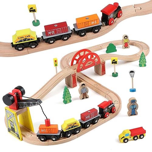 KABENFIS Hölzerne 39 Pcs Zug Tracks Spielzeug mit Kranbrücke und hölzerne Tracks Spielzeug für Kinder von KABENFIS