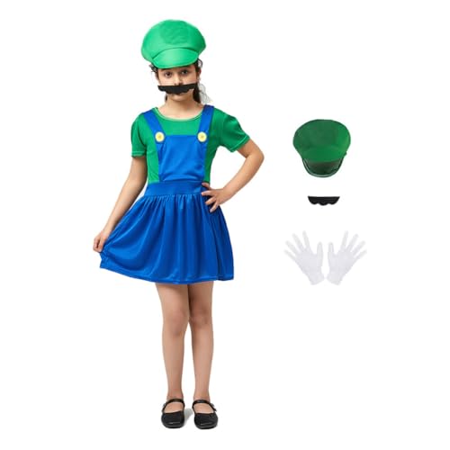 Kinder Mädchen Cosplay Super Bros Kostüm Grün, Party Fancy Dress Verkleidung Costume Kleid Jumpsuit Set mit Schnurrbart Kappe Handschuhe für Halloween Christmas XL von KACLCH