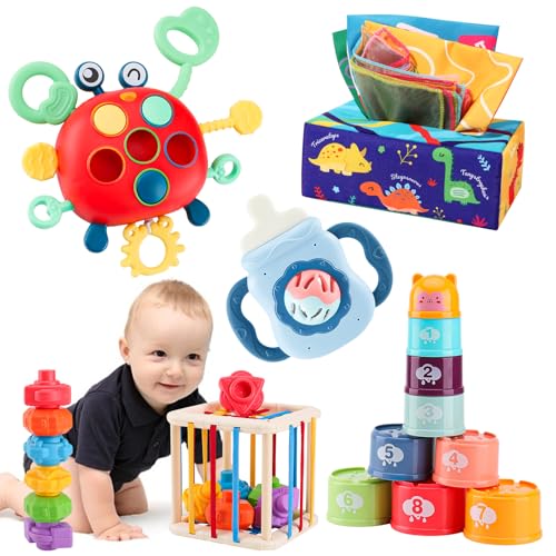 Babyspielzeug für 6-12-18 Monate Montessori Spielzeug für Baby Formsortier Würfel Krabbe Sensorisches Spielzeug Rassel Beißring Spielzeug Baby-Taschentuchbox-Spielzeug Stapelbecher Spielzeug Geschenke von KADAYAYA