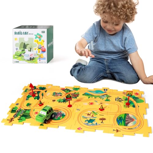 KADAYAYA Dinosaurier Puzzle Spielzeugauto für Kinder 3-5 Jahre DIY Puzzle Autorennbahn Spielset Kleinkind Puzzlebahn Auto Lernspielzeug für 3 4 5 6 Jungen Mädchen Montessori Spielzeug für Kinder von KADAYAYA