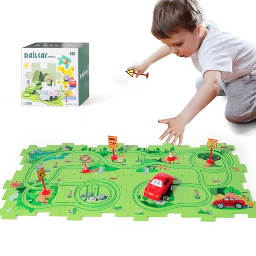 KADAYAYA Plastik Puzzle Schienen Spielzeugset für Kinder 4-6 Jahren Puzzle Spielzeugauto mit Rennfahrzeug für Jungen Mädchen 3-5 Jahren Montessori Spielzeug Geschenk Jungen Mädchen 3 4 5 6 von KADAYAYA