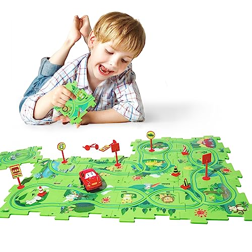 KADAYAYA Puzzle Autorennbahn Spielzeugset für Kinder 3 4 5 Jahre Puzzle Racer für Kinder Puzzle Spielzeugauto mit Fahrzeug Montessori Spielzeug Geschenk Jungen Mädchen 3 4 5 6 Jahre von KADAYAYA