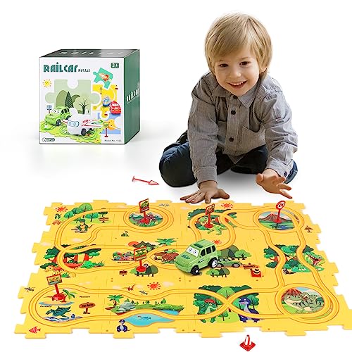 KADAYAYA Puzzle Spielzeugauto mit Fahrzeug für Kleinkind ab 3 4 5 Jahre, Dinosaurier DIY Route Autorennbahn Puzzle Spielset für Kinderspielzeug, Montessori Lernspielzeug ab 4 5 6 Junge Mädchen Kinder von KADAYAYA