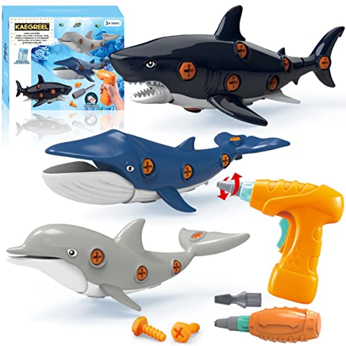 KAEGREEL Take Apart Shark Meerestiere Figuren Spielset für Kinder, 3Stück Hai Delfin Wal Spielzeug mit Elektrobohrer, Pädagogische Konstruktion Ozean Tierfiguren Geschenk für 3-7 Jahre Jungen Mädchen von KAEGREEL