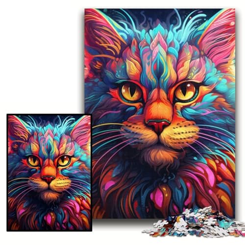 1000-teiliges Puzzle, farbenfrohe Kunst, psychedelische Katze, unmögliche Puzzles für Erwachsene, für Heimdekoration, Gehirntraining, Größe 26x38cm von KAEUVBAOP