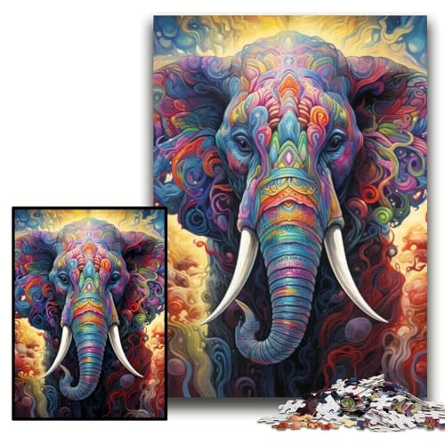 1000-teiliges Puzzle, farbenfroher Kunst-Elefant, unmögliche Puzzles für Erwachsene, für Heimdekoration, Gehirntraining, Größe 26x38cm von KAEUVBAOP