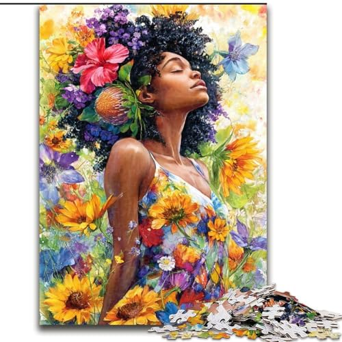 1000-teiliges Puzzle für Erwachsene, Sonnenblumen-Afrikanerin, Puzzle, Spiel für Erwachsene, Geschenk, Familien-Interaktives Spiel, Gehirn-Herausforderung, Geschenk, 50x75cm von KAEUVBAOP