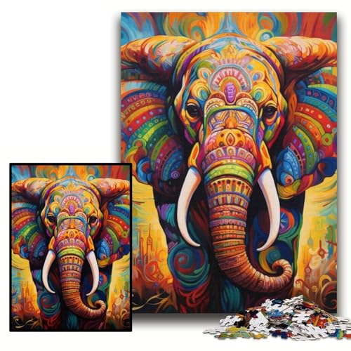 Buntes Kunst-Elefanten-Puzzle mit 1000 Teilen, anspruchsvolles Rätsel, Denksportspiel für Teenager, Größe 26x38cm von KAEUVBAOP