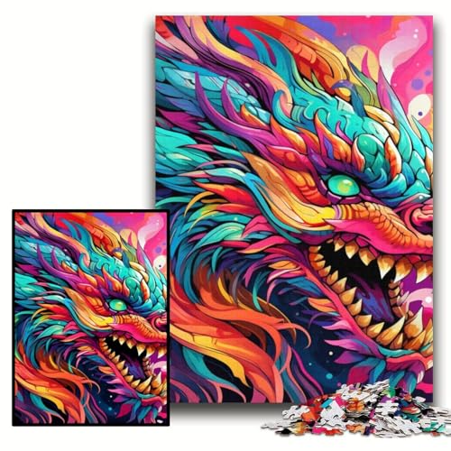 Puzzle 1000 Teile, farbenfroher Kunstdrache, Holzpuzzle für Erwachsene, Größe 50x75cm, Geburtstage und Feiertage von KAEUVBAOP