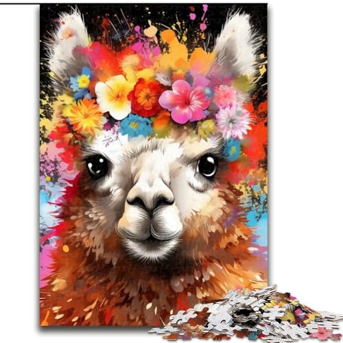 Puzzle 1000 Teile Alpaka trägt Blumen aus Holz, Geschenk für Männer und Frauen, Alltag und besondere Anlässe, 50x75cm, Lernspielzeug für Teenager, Heimbüro-Dekor von KAEUVBAOP