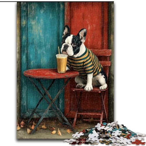 Puzzle 1000 Teile für Erwachsene, Französische Bulldogge trinkt EIN Getränk, Denksportspiel für Teenager, Familienspieleabend, 50x75cm von KAEUVBAOP