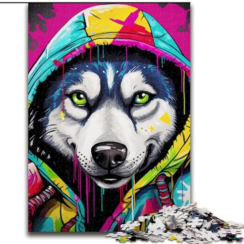 Puzzle 1000 Teile für Erwachsene, Graffiti-Malerei, Husky, aus Holz, perfekt für Familienspaß an Geburtstagen, Weihnachten, 50x75cm, für Heimdekoration, Gehirntraining von KAEUVBAOP