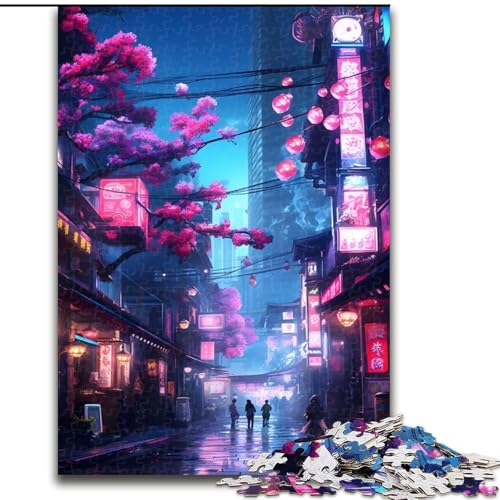 Puzzle 1000 Teile für Erwachsene, Titel: Neon Sakura Street, aus Holz, für Teenager ab 14 Jahren, Heimdekoration, 50x75cm, für Teenager und Familienspaß von KAEUVBAOP
