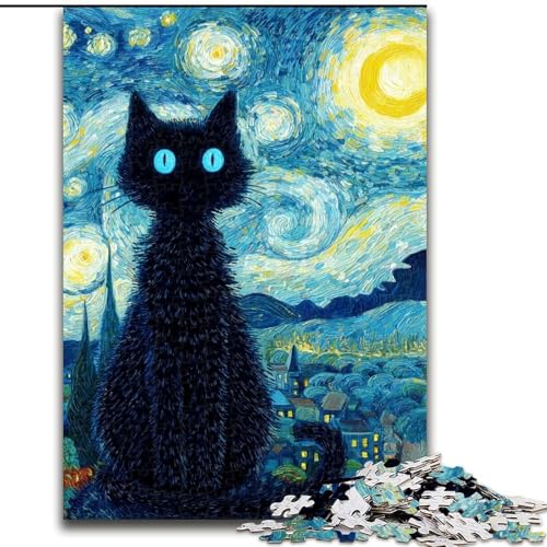 Puzzle 1000 Teile für Erwachsene Nachthimmel Schwarze Katze Puzzle Spiel für Erwachsene Geschenk Familieninteraktives Spiel Gehirnherausforderung Geschenk 50X75CM von KAEUVBAOP