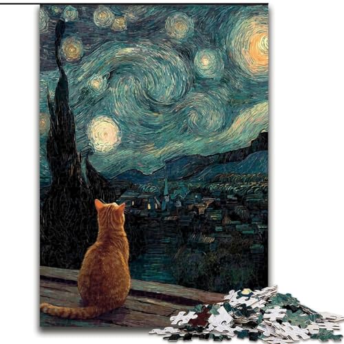 Puzzle für Erwachsene, 1000 Teile, Van Gogh, Nachthimmel-Katze, Familienaktivitätsspiel für Teenager, anspruchsvolles Denkspiel, 50x75cm von KAEUVBAOP