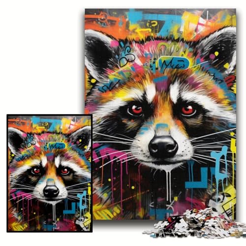 Waschbär-Graffiti-Puzzles für 1000 Teile, Holzpuzzles, perfekt für Familienspaß, Partyspiele, Gastgeschenke für Geburtstagspartys, Größe 50x75cm Waschbär-Graffiti-Puzzles für 1000 Teile, Holzpuzzles, perfekt für Familienspaß, Partyspiele, Gastgeschenke für Geburtstagspartys, Größe 50x75cm von KAEUVBAOP