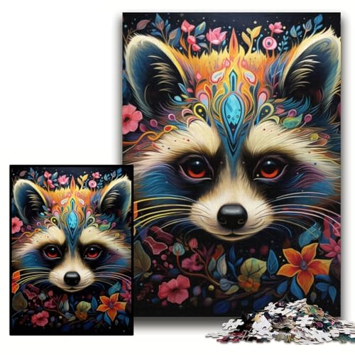 Waschbär mit Blumen, 1000 Teile, Puzzle, anspruchsvolles Denkspiel für Teenager, Größe 26x38cm von KAEUVBAOP