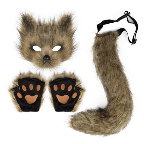 KAHDGSS 3pcs Halloween Foxes Cosplay Set Einschließlich Plüschfüchsen Maske Schwanzhandschuhe Tierkleid Kostüm Für Kid Adult Cosplay von KAHDGSS