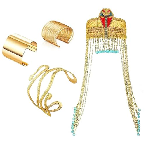KAHDGSS Ägyptisches Kostüm-Zubehör, inklusive Schlangen-Kopfschmuck mit Quasten, Perlen, Handgelenkmanschette, Schlangenarm-Manschette von KAHDGSS