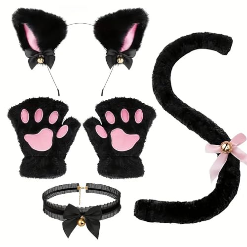 KAHDGSS Halloween-Katzen-Cosplay-Kostüm, Halskette, Haarreif, Schwanz, Handschuh, Katzen, Verkleidungszubehör für Kinder, Mädchen, Cosplay-Party KAHDGSS Halloween-Katzen-Cosplay-Kostüm, Halskette, Haarreif, Schwanz, Handschuh, Katzen, Verkleidungszubehör für Kinder, Mädchen, Cosplay-Party von KAHDGSS