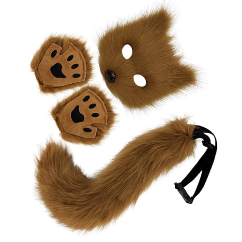 KAHDGSS Halloween Wolf Foxes Kostüm Set Für Kinder Erwachsene Weihnachten Halloween Plüsch Tiergesichtsbedeckung Tierschwanz Und Handschuh KAHDGSS Halloween Wolf Foxes Kostüm Set Für Kinder Erwachsene Weihnachten Halloween Plüsch Tiergesichtsbedeckung Tierschwanz Und Handschuh von KAHDGSS
