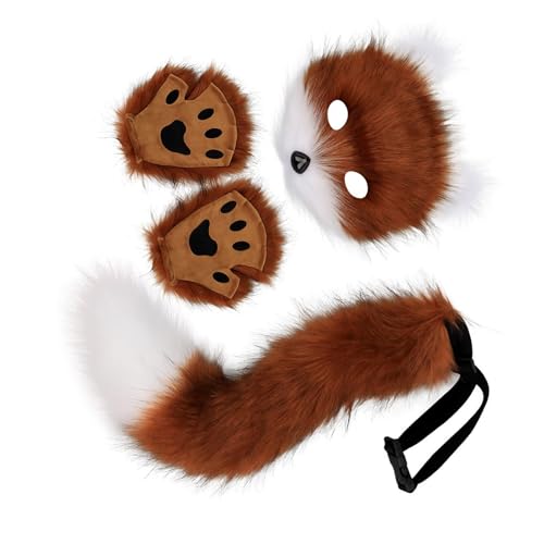KAHDGSS Halloween Wolf Foxes Kostüm Set Für Kinder Erwachsene Weihnachten Halloween Plüsch Tiergesichtsbedeckung Tierschwanz Und Handschuh von KAHDGSS