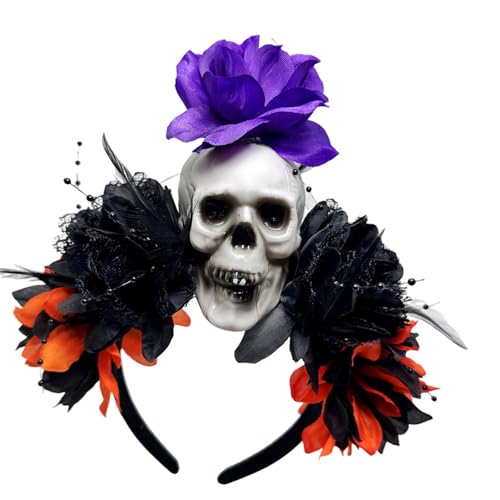 KAHDGSS Punk-Totenkopf-Haarband mit Kunstblume für Halloween, Tanzen, Rollenspiele, Event und Fotografie, Zubehör, Totenkopf-Haarschmuck von KAHDGSS