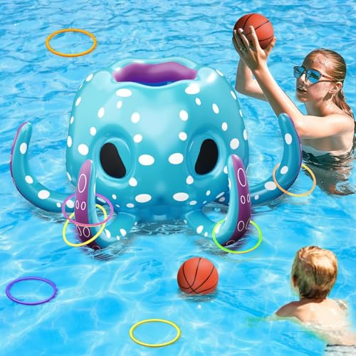 2-in-1 Pool Basketballkorb & Pool Ringwurfspiel, 80cm groß aufblasbares Oktopus, Aufblasbare Pool Spielzeug, Pool Wassersport Spielzeug, Schwimmbad Ringwurfspiel Oktopus Poolspielzeug Poolstool von KAHEIGN