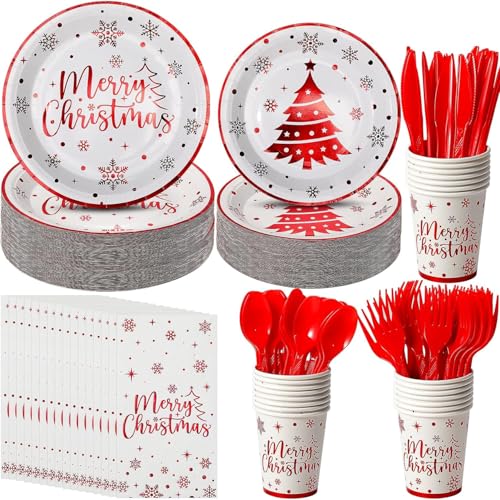 KAHEIGN 175Pcs Weihnachten Geschirr Set für 25 Personen, Papier Weihnachts Geschirrset mit 25Sets Speiseteller Salatteller Becher Servietten und wiederverwendbare Messer&Gabel&Löffel KAHEIGN 175Pcs Weihnachten Geschirr Set für 25 Personen, Papier Weihnachts Geschirrset mit 25Sets Speiseteller Salatteller Becher Servietten und wiederverwendbare Messer&Gabel&Löffel von KAHEIGN