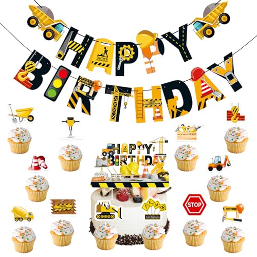 Baustelle Deko Geburtstagsdekorations-Partyzubehör mit Cartoon-Baufahrzeug-Thema, Happy Birthday-Banner, Kuchenaufsatz, Cupcake-Aufsätze, Bagger-Partydekor für Fans und Kinder Baustelle Deko Geburtstagsdekorations-Partyzubehör mit Cartoon-Baufahrzeug-Thema, Happy Birthday-Banner, Kuchenaufsatz, Cupcake-Aufsätze, Bagger-Partydekor für Fans und Kinder von KAHOUI