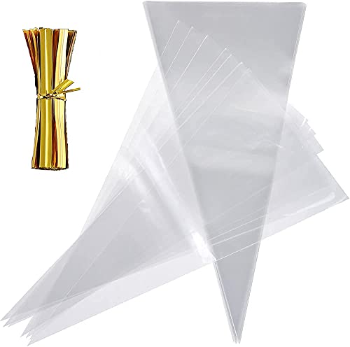 Süßigkeiten Tüten,100 Pcs Transparent Plastik Candy Spitztüten Cellophantüten Cone OPP Tütchen für Schokolade Bonbons Puffreis Popcorn Süßigkeiten, EINWEG Zellophantüten mit 100 Bindebänder 18 * 37cm von KAIAIWLUO