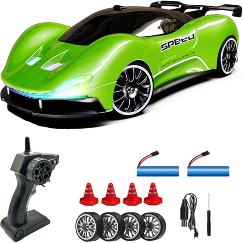 KAIMIO 1:20 Scale Ferngesteuertes Drift Auto 4WD 2.4GHz Racing Sport Spielzeug RC Auto mit LED Lichtern, Racing und Drift Rädern Für Anfänger Geeignet (Grün) von KAIMIO