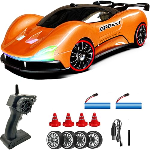 KAIMIO 1:20 Scale Ferngesteuertes Drift Auto 4WD 2.4GHz Racing Sport Spielzeug RC Auto mit LED Lichtern, Racing und Drift Rädern Für Anfänger Geeignet (Orange) von KAIMIO