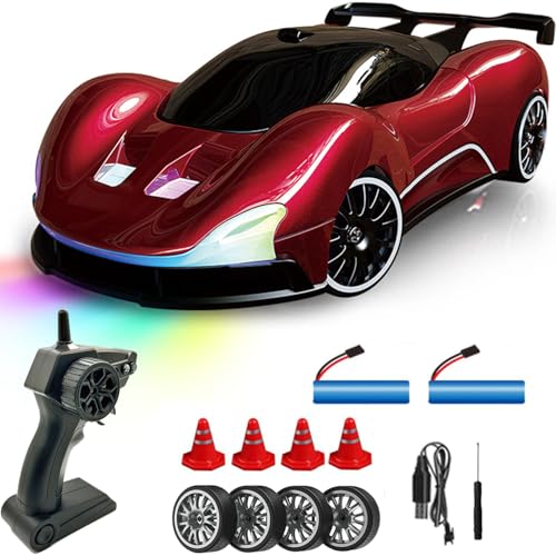 KAIMIO 1:20 Scale Ferngesteuertes Drift Auto 4WD 2.4GHz Racing Sport Spielzeug RC Auto mit LED Lichtern, Racing und Drift Rädern Für Anfänger Geeignet (Rot) von KAIMIO